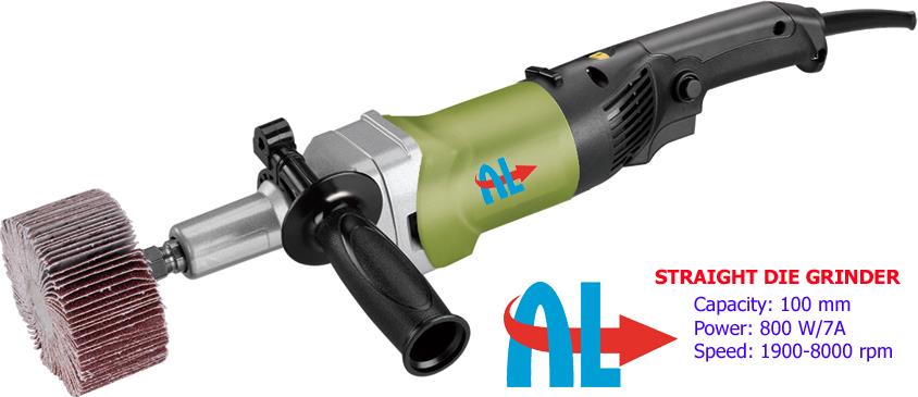 Straight Die Grinder with Variable Speed.Capacity: 100 mm DiaPower: 800 W / 7ASpeed: 1900 - 8000 rpm