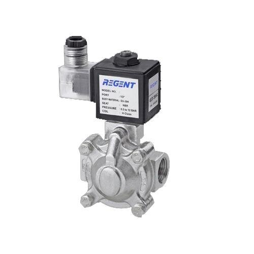 Regent Pilot Operated Diaphragm Type Solenoid ValveSpecification:Port Size:1/4-4” BSP/NPTPressure:0 Bar to 10 BarBody Material: S.S. CF8 / CF8mDiaphragm:Nitrile (NBR), Viton (FKM), EPDMOrifice:2 mmCircumstance Temp.:-10 °C to 100 °CMedia Temp.:10 °C to 200 °COperating Voltage:AC : 24V, 48V, 110V, 220V, 230V, 240V (50HZ)Power Consumption:5.5W, 7.5W, 8.5W, 9.5W, 12W, 22WOperating Voltage:DC : 12V, 24VPower Consumption:10W, 11WFeatures:High Reliability Unaffected by pressure Surges.Easy coil changes Coil lockable in 4 x 90, Position or freely movable in between as require.Media:Air, Water, Chemical, Inert Gases, Oil, Diesel, Kerosene, LPG.