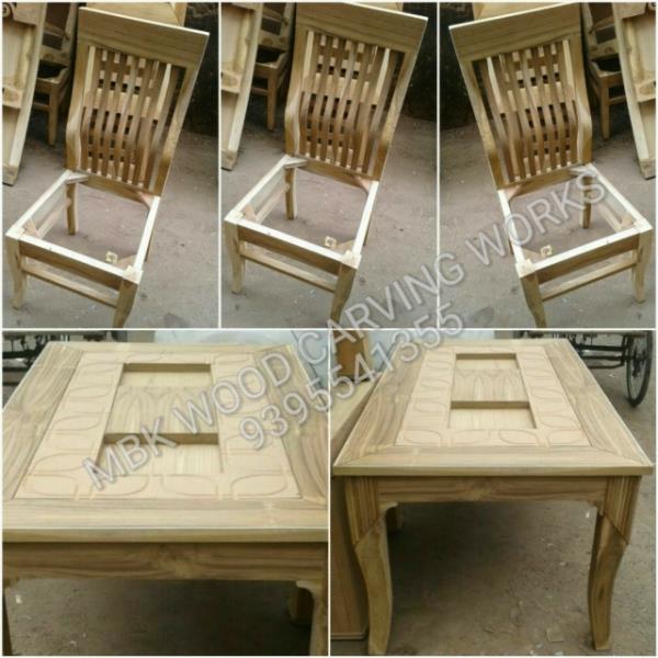 4 seater dining table set best quality solid teak wood heavy dining set best looking design nice model good quality polish finish natural and teak color standard size 5 feet 3 Feet height 30 Inches square shape chairs with cushion best fabric and rexine good quality 4 chairs and 1 Big Dining table top finish cutting design waterproof mdf good quality this set 4 chair only no top glass wood and mdf finish