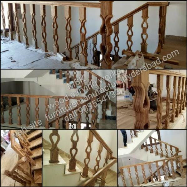 Teakwood duplex staircase wooden carving design hand railings best quality wood and nicely look staircase railings standard size rail height 3.2 feet polyester size 5 Inches width 2 inch thickness height 3 feet main post 6 inch bye 4 inch height 4 feet top hand railing size 4 inch by 3 inch new model staircase railing without polish and with material fitting and fixing include this model cutting design polish finish extra pay this model duplex Villas state and spiral this staircase per running feet price 3500 with material