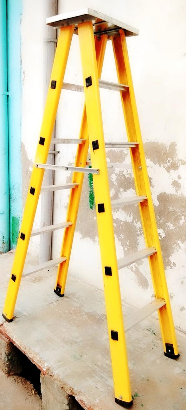 AQPC MODEL No 1024 AQPC F.R.P HEAVY DUTY purpose standard folding ladder made out of Extruded, Tested Quality F.R.P Section of size 84mm x 30mm x 4mm thick approx. with steps made out of • aluminum step size 63mm H Types . • At required distance of 300 mm apart on one side and the supporting side also made of aluminum of size 63mm approx. at the alternate distance with servicemen's platform on the top and four rubber shoes U at the legs bottom end to make the ladder non slippery and sturdy. AVAILABLE IN ALL SIZE FROM 3ft TO 20ft