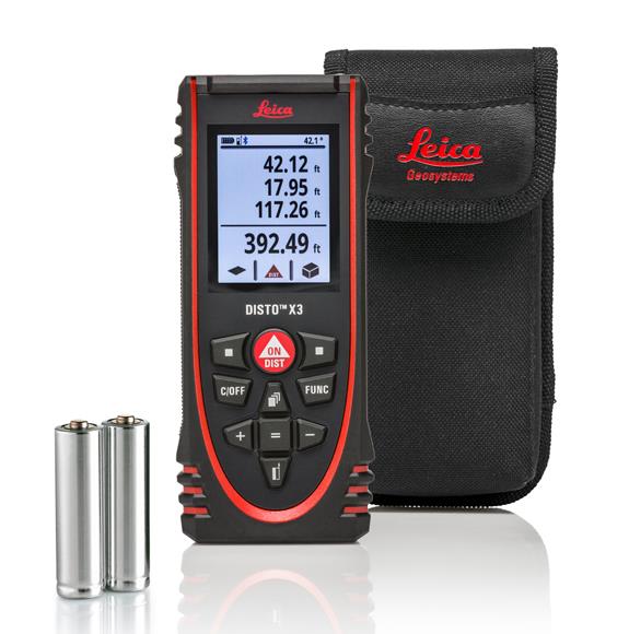 Leica DISTO X3Handy, simple, precise!Introducing the new DISTO X3, part of the latest X series of laser distance meters from Leica Geosystems. It's designed to withstand for toughest construction site conditions, with a solid rubber housing it's really robust, waterproof & has been drop tested to 2m. With Bluetooth capability combined with Leica's FREE Apps it's easy to incorporate all your measurments into your digital workflow, save time & avoid errors.Key Features of the Leica DISTO X3150 m rangeBluetooth technology enable transfer of measurements to FREE DISTO Apps80% longer flip-out end-pieceClear, illuminated 3 line displayVery robust, drop tested to 2m, waterproof - IP 65 water jet & dust protectedPrice includesLeica DISTO™ X3HandloopPouch2xAA batteriesCalibration Certificate SilverQuickstart