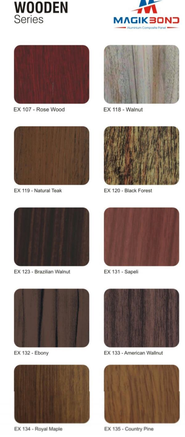 MAGIKBOND wooden grain aluminium composite panel is coated with PVDF fluorocarbon coatings and comes with a great variety of wooden grains for customers to choose from. MAGIKBOND wooden grain aluminium composite panel is available in many colours and design patterns both in PVDF & PE Coating. More patterns are innovative. For more colour and pattern information, please contact us directly.