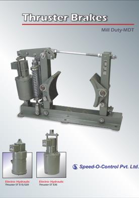 Thruster Brake is a device to retard the speed of moving machinery and to stop it accurately to the desired position. The breaking force is applied to the brake shoes by a pre—stressed compression spring.The shoes press on the rotating brake drum retarding its speed, and finally stopping it. Other release devices like pneumatic / hydraulic cylinder or manual release arrangements can be offered on request.