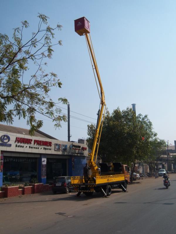 Aerial Work Platforms were developed for maintenance purpose. These platforms have both vertical height as well as horizontal outreach. Platforms are available from 9.5-meter working height to 42 meters working height. These platforms can be mounted on the 1-ton chassis to 25-ton chassis. All the platforms are made looking at the safety of the person. The platforms are designed as per EN280 standard. 3kV insulated bucket is provided for electrical maintenance purpose.Platforms are available in articulated, articulated cum telescopic and telescopic platform. In our equipment the bucket is close to the vehicle floor, hence the step in is easy and no sequence is required.Working Height:  15 metersWorking Outreach: 6 metersSlewing range: 360 degreesSafe Working Loads: 200 kg Cage Size: 1 X 1.06 X 0.77 meterStructure: Hexagonal Booms from High Tensile SteelStabilisers: 2 Nos. / 4Nos.  designed as per the vehicle.Bucket Levelling: Mechanical LevellingControls: Dual Controls. Bucket as well as the base.Emergency Pump: Emergency hand pump is provided in case of power failure.FEATURES:1) No Sequence required to operate the Boom.2) Low Bucket Height. Direct Entry into the bucket. No operation required to enter into the bucket.3) No Rotation unless and untill the platform is raised. To prevent boom from getting damaged4) Light Weight Design.