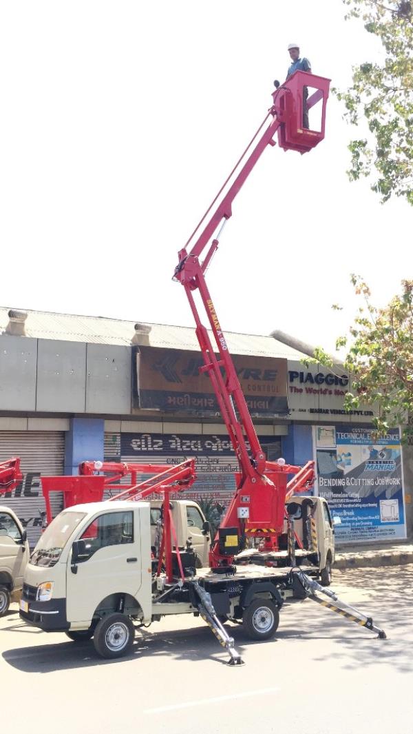 Aerial Work Platforms were developed for maintenance purpose. These platforms have both vertical height as well as horizontal outreach. Platforms are available from 9.5-meter working height to 42 meters working height. These platforms can be mounted on the 1-ton chassis to 25-ton chassis. All the platforms are made looking at the safety of the person. The platforms are designed as per EN280 standard. 3kV insulated bucket is provided for electrical maintenance purpose.Platforms are available in articulated, articulated cum telescopic and telescopic platform. In our equipment the bucket is close to the vehicle floor, hence the step in is easy and no sequence is required.Working Height: 9.5 metersWorking Outreach: 3.7 metersSlewing range: 360 degreesSafe Working Loads: 90 KgCage Size: 0.660 x 0.760 x 0.860 m Structure: Hexagonal Booms from High Tensile SteelStabilisers: 2 Nos. / 4Nos.  designed as per the vehicle.Bucket Levelling: Mechanical LevellingControls: Dual Controls. Bucket as well as the base.Emergency Pump: Emergency hand pump is provided in case of power failure.FEATURES:1) No Sequence required to operate the Boom.2) Low Bucket Height. Direct Entry into the bucket. No operation required to enter into the bucket.3) No Rotation unless and untill the platform is raised. To prevent boom from getting damaged4) Light Weight Design.