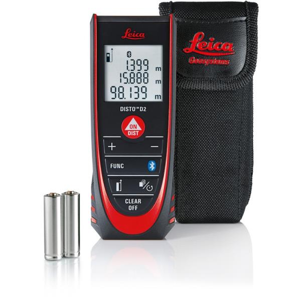 Leica Disto D2 Laser Distance MeterCompact laser distance meter with Bluetooth® Smart and multifunctional end-pieceThe smallest laser distance measurer in the Disto range, the Leica DISTO D2 is versatile and ideal for use indoors. The Disto D2 has easy to use keys for subtraction, addition, volume and area calculations. The D2 is very compact, ergonomic and handy making it a capable tool, especially for its size.