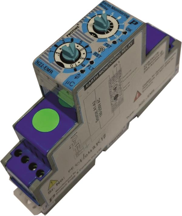 The N22-EMR continuously senses Potential between earth & neutral terminal on load side, If Earth gets disconnected OR Resistance of earth increases, The Potential difference between Neutral & Earth may increase . The relay will give output for tripping or audio alarm when such voltage rises above the limit set on the dial. The time delay for relay output is optional feature. The relay also protects Critical Equipment for Earthing NOT CONNECTED.