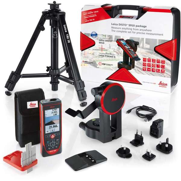 Leica Disto S910 - Pro KitSpecial package promotion Leica DISTO™ S910 with tripod, adapter, target plate and carry case.Measure quickly and accurate distances between two points from a single location with the Leica DISTO™ S910 laser distance meter. Generate effortlessly as-built documentation, determine rooftop dimensions and integrate information into CAD or BIM software for even 3D conceptions. This improved workflows saves valued time and money. All of this at distances of up to 300 meters.Pro Kit includesLeica DISTO™ S910 laser distance meterSmart Base ExtensionHolsterHand loopUSB charger incl. 4 plugsLeica FTA360-S tripod adapterLeica TRI 70 tripodLeica GZM3 target plateCarrying caseFeatures include:Smart Base for P2P TechnologyPointfinder with 4x zoom for effortless targetingX-Range Power Technology for maximum measurement functioning360° tilt sensorDXF data captureData transfer in real-time with WLANBluetooth® SmartFree Leica DISTO™ sketch AppMeasure with P2P TechnologyThe incorporated Smart Base allows distances to be measured between any two points, inclinations and angles at the same time from a single location. You will never have to reach for remote areas again, allowing even the most complicated measurement job to be carried out accurately, quickly, and safely.Attain measurement data in CAD formatThe Leica DISTO™ S910 laser measurer can save measured points to a DXF file as a wall layout, floor plan or 3D point coordinates which can be transferred to a PC via USB. Save money, reduce workflow and prevent mistakes. Everything is completely digital.Transfer point data in real-timeEasily move measurement data promptly on site over the Wireless LAN interface to a transportable computer for additional processing in your favoured software. Produce documentation or assess lay-outs in real-time and communicate measurement points as you need with or without pictures.X-Range Power TechnologyThe state-of-the-art X-Range Power Technology included with the Leica DISTO™ S910 represents the future of measuring technology. It successfully measures distances of up to 300 meters and guarantees the optimum measuring functioning even to badly reflecting objects. £1,510.80	inc VAT£1,259.00	excl VATQty:  1 Add to BasketIncludes FREE Next Day DeliveryOrder by phone: 01480 404888Call our experienced sales team to order or discuss any products.Credit Card LogosSend to a ColleagueDelivery and ReturnsLeica