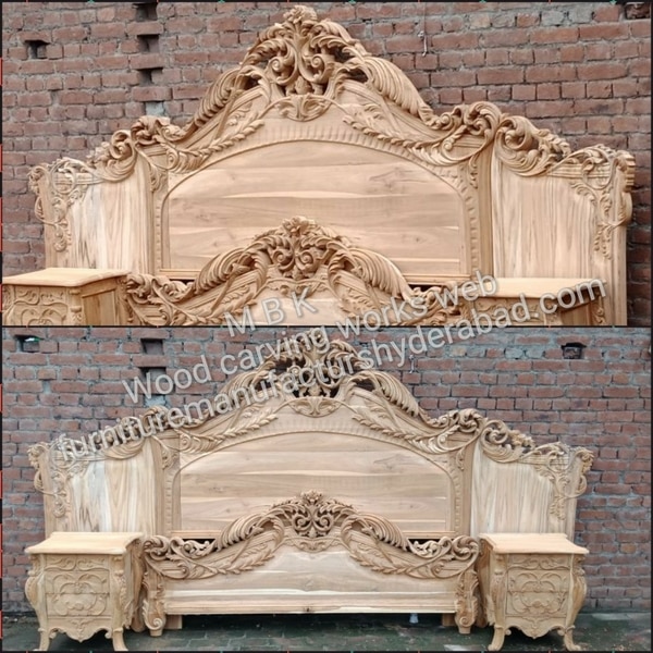 Teak wood double bed king size best quality teakwood nicely model cot with 2 site table very looking nicely design best hands carving perfect work design complet polish finish natural color polish bad size 6.5 x 6 fet without storeg in side storeg requirements for extra cost to pay site table size height 1.9 ft width 1.5 ft depth 1.4 ft this model only on order for ready time to work completely 20 days each one cot