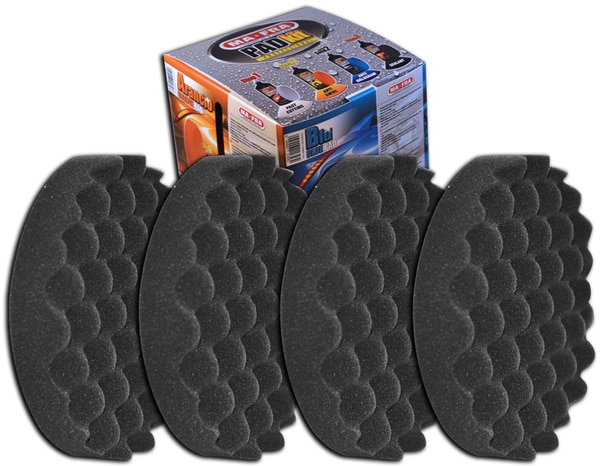 Extra soft black pad for car polishing treatment. A professional Mafra car polish product. Description black, extra soft waffle pad, to apply finishing polish STEP 3 AFTER POLISH, diameter 150 mm, reduced height 30 mm, softened corners to facilitate sliding and change of direction, 0. 5 mm waffle to facilitate aeration and cooling, reduced Velcro to facilitate positioning of the pad and avoid velcro/backing pad/paint contact, washable.