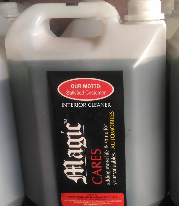 Generally recommended dilution for interior cleaning is 1 : 9 (one portion chemical & nine portion water) however sometimes the ratio can be changed to 2 : 8 depending upon the rigidity of the dirty patch. Rubbing with light hand using scotch Brit or brush for scrubbing is suggested. It will help in cleaning the seat, roof top interior or for that matter any dirty portion on the car.