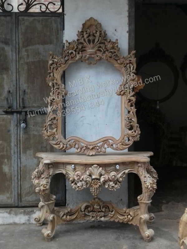 Wooden console table antiques type catalogue model best hand carving design nicely console table and mirrors frame good size top to bottom 7 free height best teak wood with polish finish natural color teak color walnut color gold color any choice for color