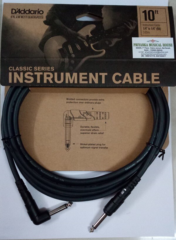 Planet Waves PW-CGTRA-10 Classic Series Instrument Cable - 10' with Right Angle. Planet Waves PW-CGTRA-10 Features. 10' long, Right angle plug on one end (perfect for guitars with front-mounted jacks), Features Planet Waves's Exclusive In=Out technology, Extremely low capacitance for pure signal transparency, Nickel-plated plugs, ultra-pure oxygen-free copper conductors, Dense shielding, Virtually no handling noise Molded strain relief for ultimate durability.