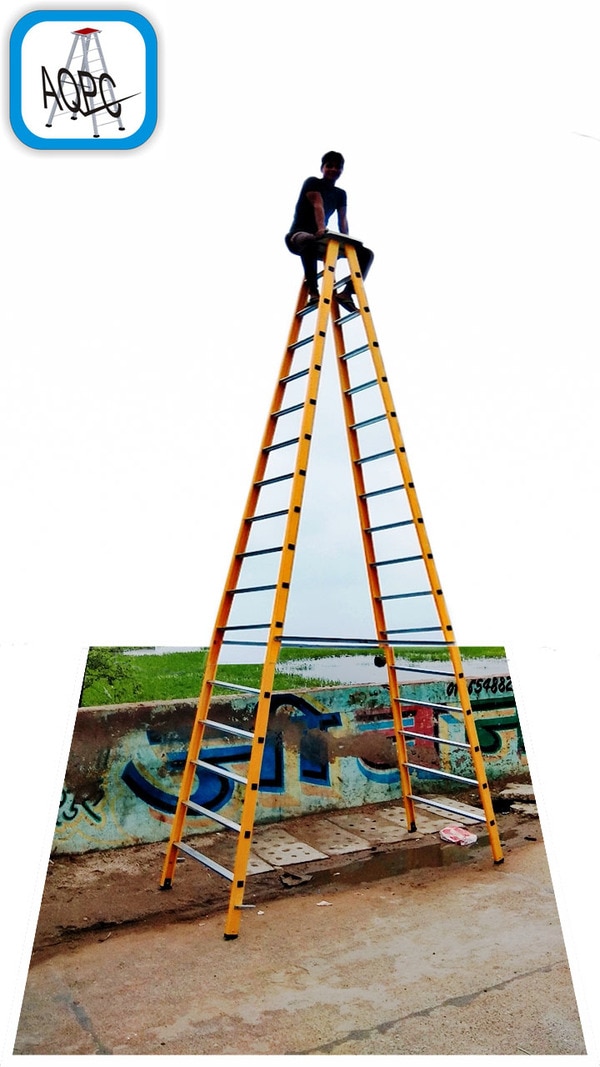 AQPC MODEL No 1003 FRP FOLDING LADDER Heavy duty standard folding made out of Extruded FRP section of size 84mm x 30mm x 4mm Thick approx. Special steps 63mm x 3mm thick approx both sides. 63 mm wide At a required distance of 300mm apart on both side and other supporting side having step made of 63mm x3mm approx. aluminium steps at required distance of 300 mm apart complete with service men's platform at the top and rubber shoes at four legs bottom end to make the ladder non slippery and durable.