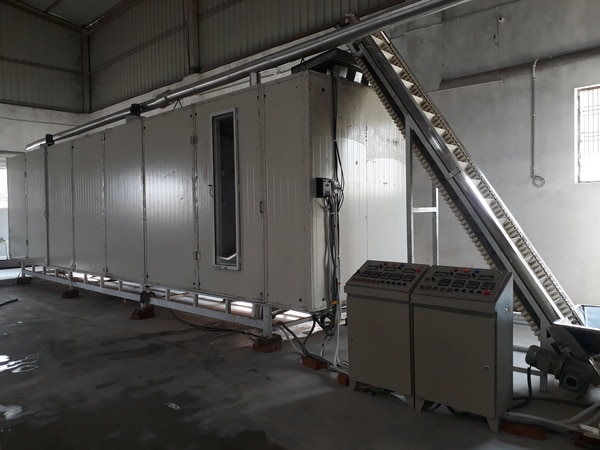 Continuous conveyor Dryer Easy to operate and maintain. Contact parts are food grade.Standard parts ensure long life.A C Geared motor : 5 HP. Reputed company. No. of belt : 7 belt, (7 Layer) Size of belt : 48’’ X 30 feet X 7 layer = 350 feet.M O Belt : Mild steel fitted with fine mess ss 304. Exhaust fan : 15” -32 no. For air circulation. Exhaust fan : 02 no. for exit humidity. M O C : Painted mild steel.Temperature cont. : Yes. Humidity controller : Yes. Electric supply : 415V 50Hz 4 wire.Fitted with pipe line with fins in side of dryer for heating….With vibrator feeder for uniform feeding……