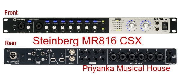 Steinberg MR816 CSX FireWire Audio Interface Features:8 discrete Class A analog 'D-Pre' mic preampsIndividually selectable 48V phantom powerIndividually selectable -26dB padUp to 24-bit/96kHz resolution8 x Input Channels with XLR/TRS combo jacks8 x Output Channel with TRS connectors8 x ADAT digital I/Os for digital audio streams or SPIDF2 x Inserts for Hardware FX2 x independent headphone outputsWord clock I/O for professional synchronizationDSP Power for Cubase VST3Onboard DSP-powered FX with eight instances of the Sweet Spot Morphing Channel Strip and one REV-X ReverbTrue Integrated MonitoringFull faderless mixingExtremely low latencyDSP-powered FX1:1 hardware/software mirroring with CubaseDaisy-chaining of up to 3 units