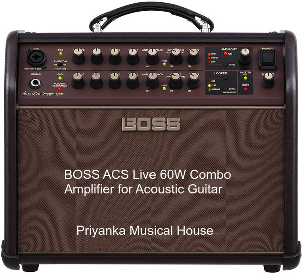 SPECIFICATIONSRated Power Output60 W (Woofer: 50 W, Tweeter: 10 W)Nominal Input LevelMIC INPUT: -33 dBu (2.5 k ohms)GUITAR INPUT: -10 dBu (5 M ohms)AUX INPUT: -8 dBu (10 k ohms)Speaker16 cm (6.5 inches) Woofer x 1, 2.5 cm (1 inch) Dome Tweeter x 1ControlsPOWER switchMASTER knobTWEETER ATT buttonMUTE button[MIC]PAD buttonPHANTOM switchVOLUME knobBASS knobMIDDLE knobTREBLE knobANTI-FEEDBACK knobPHASE buttonDELAY/ECHO knobREVERB knob[GUITAR]PAD buttonACOUSTIC RESONANCE buttonVOLUME knobBASS knobMIDDLE knobTREBLE knobANTI-FEEDBACK knobPHASE buttonCHORUS knobREVERB knob[HARMONY]ON buttonTYPE buttonLEVEL knob[LOOPER]LOOPER buttonSTOP/CLEAR button[AUX]LEVEL knob[DI/LINE OUT]MIC/MIX: OUT SELECT switchGUITAR/MIX: OUT SELECT switchIndicatorsTWEETER ATTMUTE[MIC]PADPHASE[GUITAR]PADACOUSTIC RESONANCEPAHSE[HARMONY]ONHIGHUNISONLOW[LOOPER]RECPLAYOVERDUBConnectorsMIC jack: Combo type (XLR, 1/4-inch TRS phone type)GUITAR jack: 1/4-inch phone typeAUX IN jack: Stereo miniature phone typePHONES/REC OUT jack: Stereo 1/4-inch phone typeDI/LINE OUT MIC/MIX jack: XLR typeDI/LINE OUT GUITAR/MIX jack: XLR typeFOOT CONTROL LOOPER/CHORUS jack: 1/4-inch TRS phone typeFOOT CONTROL HARMONY/MUTE jack: 1/4-inch TRS phone typeGA-FC jack: 1/4-inch TRS phone typeUSB port: USB B typeAC IN jackPower Consumption40 WAccessoriesOwner's manualPower cordGA-FC stickerOptions (sold separately)Footswitch: FS-5U, FS-6, FS-7Expression pedal: FV-500L、FV-500H、Roland EV-5GA FOOT CONTROLLER: Roland GA-FCSIZE AND WEIGHTWidth367 mm14-1/2 inchesDepth274 mm10-13/16 inchesHeight314 mm12-3/8 inchesWeight10.5 kg23 lbs 3 oz