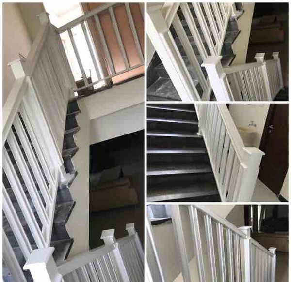 We are the best woode staircash railing duko paint white colour paint material teakwood for the best quality simple design hand railing 70 mm by 50 mm and meddle mini post size 47mm 47mm and master main post size 120mm 120mm best quality wood and duko paintÂ