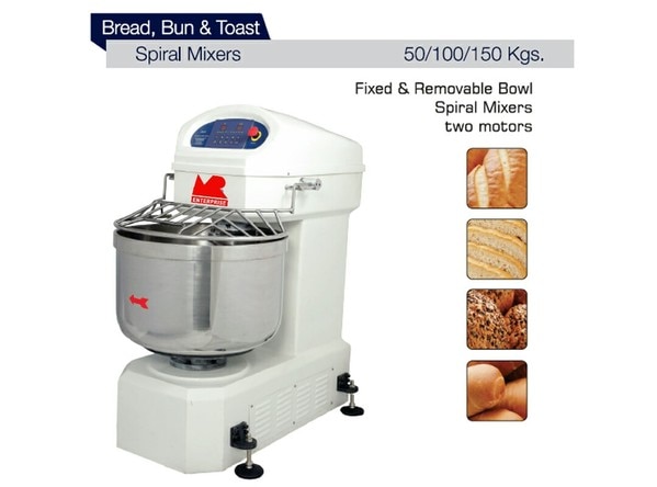 Rugged construction in the machine body for continuous and trouble free uses, column bowl special tools and safety device are completely made of Stainless Steel. Electric installation of 220/420 V AC has an automatic protection system. It has two motors and two timer for better performance. Also introduce buzzer system to know the time of complete mixing.Technical SpecificationSPIRAL MIXER [220 Volt]220 Volt Auto (Mixing Time: 6 min.)220 Volt ManualSl. No.	Model	Flour Capacity	Dough Capacity	Connective Load1	MRSM 10 Kg	10 Kg	15 Kg	2 HP2	MRSM 15 Kg	15 Kg	22 Kg	3 HP3	MRSM 25 Kg	25 Kg	38 Kg	4 HPSPIRAL MIXER [440 Volt]Auto Duel Speed (Slow & Fast)Auto Single Speed (Only Fast)Mixing Time: 8 minuteSl. No.	Model	Flour Capacity	Dough Capacity	Connective Load1	MRSM 10 Kg	10 Kg	18 Kg	2.0 HP2	MRSM 20 Kg	20 Kg	35 Kg	2.5 HP3	MRSM 30 Kg	30 Kg	50 Kg	4.0 HP4	MRSM 40 Kg	40 Kg	65 Kg	6.0 HP5	MRSM 50 Kg	50 Kg	80 Kg	7.5 HP6	MRSM 60 Kg	60 Kg	95 Kg	9.5 HP7	MRSM 90 Kg	90 Kg	140 Kg	13.0 HP