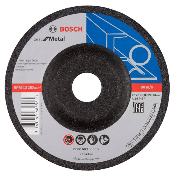 Description	Specification - A 24 P BF Grinding DiscDetails	Specification - A 24 P BFDiameter mm - 125Bore diameter mm - 22,20Thickness mm - 6,0Product type - Grinding discWheel shape - With depressed centre