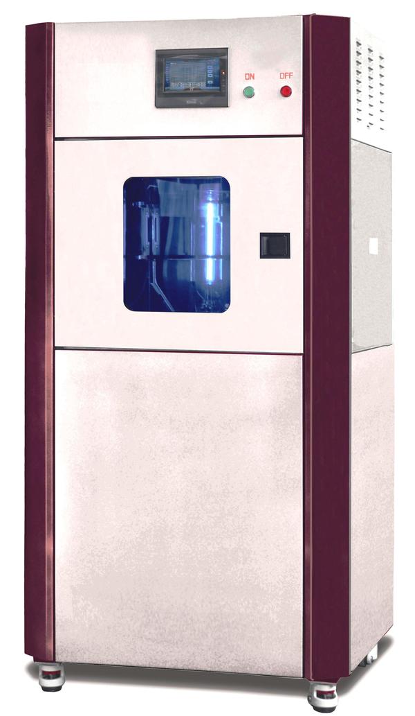 ApplicationWater-cooled Light & Weather Fastness Tester, to determine the color fastness, aging resistance of textiles, plastics, rubber products or materials by objecting to the simulated conditions of nature weather (daylight, rain, temperature and humidity, etc.). The tester simulates both light and dark cycles and nature weather conditions by rack sprays and water-cooled long-arc-xenon lamp equipped.FeaturesLarger experimental warehouse design, large sample size hanging bar, max 6900cm2 / 3500cm2 exposure area.Light intensity set digitally, real-time monitoring, automatically adjust to meet the different standards required for testing the stability of light source (optional 420nm; 340nm or 300-400nm band monitoring)Blackboard Thermometer (BPT), the Standard Blackboard Thermometer (BST), Irradiance detector and samples placed in the same position, a true reflection of the sample under test conditions, the data displayed as figures, charts, curves on the large color screen, no need to stop for observation.Detection and wireless transmission using light energy conversion technologies for energy, not the other home power supply.10.4 inch color display, a variety of test monitoring modes (animation, digital, graphics) operate easily and clearly.Sample holders can be timed independently to achieve different tests simultaneity in the same machineEquipped with Water-cooled Rated 6500W/4500W long-arc-xenon- lamp, truly simulates the daylight spectrum.Professional water circulation system, reduce operating costs.Industrial temperature control (cooling) system offers quickly and smoothly controlUltrasonic humidifier, professional dehumidification system to ensure accurate and stable humidity conditions.Equipped with self-circulation system and air filtration system, significantly reducing the environmental requirements.Cooled by circulating water chillers / water cooling two options to choose from.Quality assurance of 1000 hours continuous running.Front and back sides spray pattern on samples.    Specifications:Working modes: To simulate and reinforce the impact of the nature of the measured object, providing light, temperature, humidity, rain and other quantitative indicators.Light source:6500W / 4500W Water-cooled long-arc xenon lampTemperature range: 20 ~ 93℃, Resolution: 0.1℃Humidity range: 10 ~ 95% RH, Resolution: 0.1%Test time control: 1000hIrradiance: 0.8 ~ 2.50W/m2/420nm (selectable with 340nm or 280-800nm), Digital set, automatic compensationSample holder:ISO / GB: 135 x 45mm, 10 pcs onlyAATCC: 100 x 75mm, 5 pcs onlySample can be holder on both sidesRotation speed of sample holder: revolution 1-10rpm; rotation of 180°/rIndependent timing of sample holders: ≤ 1000hStandard blackboard thermometer: 40 ~ 120℃; Resolution: 0.1℃Standards AATCC 16, AATCC 169, ISO105-B02/B04/06, ISO03917, ISO11341, ISO4892, ASTM G26,ASEJ 1885KJ / 1960KJ, GB/T 8427 / 8430,GB/T 14576, GB/T 12831, GB/T 1189, GB/T 9344, GJB150. 7, GB/T 16422.1, GB/T 1865, GB/T 2423.24Power 380 V 50 Hz 12 KW Weight 460 Kg Dimensions 1350 x 1050 x 1900 mm (LxWxH)