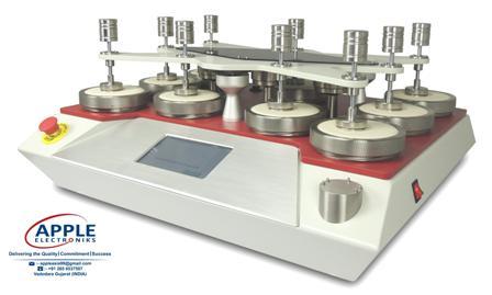 To determine the abrasion and pilling resistance of all kinds of textile structures. Samples are rubbed against known abradants at low pressures and in continuously changing directions and the amount of abrasion or pilling is compared against standard parameters. The unique design of Martindale tester allows removal of individual sample holders for examination without lifting the top motion plate. Martindale tester provides individual counters and parking function, interval time settable, large touch-screen display, Standard sample holders and 9 and 12kpa weights are included. Martindale Tester is available with 4, 6, 8 or 9 test positions.It conforms to the EN ISO 12945-2/12947-1, ISO 20344, ASTM 4966/4970, BS EN 388/530, BS 3424/5690, JIS L1096, DIN 53863/53865, SATRA TM31, IS 12673, IWSTM 112/196, IWTO 40-88, SFS 4328, NEXT 16 & many more.Owing to perfection and quality oriented approach, we have carved niche in the industry by offering an enormous grade assortment of Textile Testing Machine. This machine is available in varied specifications to fulfil the wide demands of the textile industry. The offered machine is availed in varied sizes and other related specifications, to meet needs of our esteemed clients. Clients can avail the Textile Testing Machine from us at market leading rates.We are leading manufacturer & Supplier of Martindale abrasion and pilling tester in India. | latest martindale abrasion and pilling tester | martindale abrasion and pilling tester in Vadodara |martindale abrasion and pilling tester in Gujarat | best martindale abrasion and pilling tester | best supplier for martindale abrasion and pilling tester | manufacturer martindale abrasion and pilling tester | supplier for martindale abrasion and pilling tester| best selling martindale abrasion and pilling tester in India | View more at: http://www.appleelectroniks.com or http://www.appleelectroniks.net/ or you can send us your inquiry at our email appleasia99@gmail.com