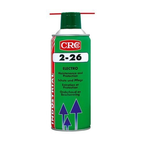 CRC 2-26 ELECTRICAL CONTACT CLEANERGENERAL DESCRIPTIONMulti-purpose maintenance for electrical equipmentCRC 2-26 is a multi-purpose lubricant preventing electrical and electronic malfunction caused by water penetration, humidity, condensation or corrosion.The stable, low surface tension, high capillary action formula provides great penetrating and spreading power.FEATURESCleans, lubricates, protects, penetrates, and loosens corrosionPrevents corrosion by displacing moistureRestores resistance values by reducing current leakageProvides precision lubrication by its thin, high dielectric strength, lubricating filmHelps restore water-damaged electrical equipmentFrees rusted or seized parts by penetrating under dirt and scale into the finest pores and cracksCan be used on all metals and alloysWill not harm modern plastics, painted surfaces, coatings and rubbersConvenient 360° (upside-down) spray valve for aerosolsNon-flammable CO2 propellant, giving an active product content of 97%Specifications :NSN 6850-00-874-5847USDA CLASS H2APPLICATIONSHelps to protect, lubricate and restoreElectrical connectorsRelaysCircuit breakersTransformersSwitch gearsMotorsGeneratorsControlsInstrumentsCommunication assembliesElectronicsAlarm systemsStarters.DIRECTIONSSpray light even coat to protect surfaces and to seal out moisture.Apply liberally to loosen rusted/seized parts; full penetration may require several hours.To displace water, spray wet surfaces until run-off is clear and moisture free. When possible, dip water damaged equipment in CRC 2-26; agitate while submerged; remove and allow to drain. A detailed “CRC water damage restoration” procedure is available upon request.To be removed by CRC Lectra Clean II, hydrocarbon solvents or alkaline degreasing before surface treatment.For application of CRC 2-26 in dipping baths, customers should take care to stir from time to time (to distribute small amounts of deposits) and to prevent excessive evaporation of solvent.When stable emulsions have been formed, the bath should be emptied and cleaned, and the product replaced.Do not use on energised equipment; allow solvent to evaporate before energising.This evaporation may take up to 4 hours, depending on surface condition and environment. Use only in well ventilated area.A safety data sheet (MSDS) according EU93/112 is available for all CRC products.TYPICAL(*) PRODUCT DATA (without propellant)Appearance : light amber, clearSpecific gravity (@ 20°C) : 0.83Distillation range of solvents : 180-250°CFreezing point : < -50°CFlash point (closed cup) : 75°CDynamic viscosity (@ 20°C) : 4 mPa.sUltimate film thickness : 2.10-6m (2um), (@ 20°C, after a 24 hr spread)Maximum expected coverage : 60 to 100 m2/l, (@ 20°C, after a 24 hr spread)Solvent dissipation : 2-4 hrs, (@ 20°C, thin film)Heat resistance : 120°C (150°C short time)Water displacement (IP 178/61, method B) : passFilm properties (after evaporation of solvent)Specific gravity (@ 20°C) : 0.89Falex true load failure : 8900N(ASTM D 3233, Proc.A)Salt spray resistance (**) : 55 hrs.