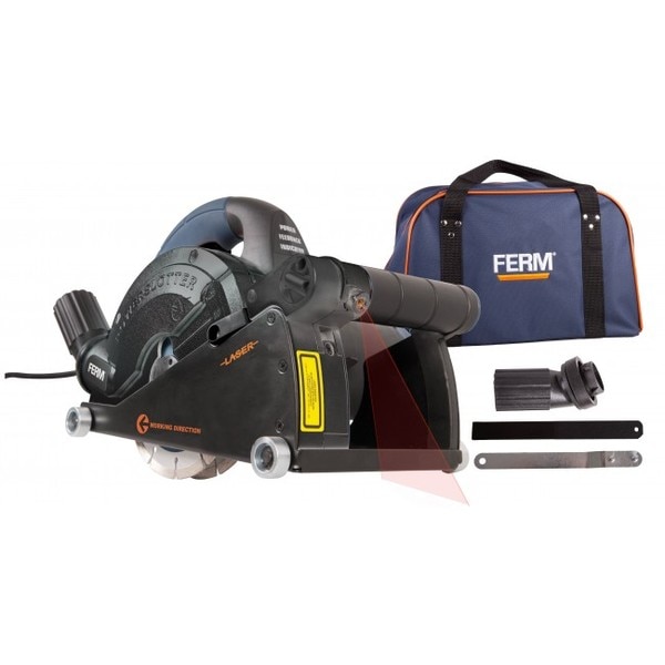The WSM1008 Wall Slotter has a power output of 1,600 Watts. With this powerful slotter you can cut through the hardest stones and other types of concrete. Use this FERM WSM1008 wall slotter for cutting slots in walls and floors, for example. This makes it the ideal machine for easily and neatly tucking away cables and wires. The WSM1008 Wall Slotter is one of FERM's best selling products and has proven itself in the field of milling.With the WSM1008 you can create slots with a width of 30mm and the cutting depth can be set up to 40mm. This Wall Slotter has a laser guide. Make sure that the laser is on the back of the machine and that you always work from top to bottom.Features- Ergonomic design with soft grip for optimal working comfort- With laser guidance for precision work- Universal dust extraction adapter- Delivered with robust canvas bag for easy transport and safe storage- Wide base plate for maximum stability - Extra long power cable, 3 mGross weight - 9.1300Cutting depth - 8 - 40mm (8 positions)Disc diameter - 150mmCutting width - 8 - 30mm (6 positions)Power input - 1600WNo load speed - 6.000/minMains voltage - 230V~Frequency - 50HzIncludes - 2 Diamond discs 150mm - Dust extraction adapter - Wrench - Set high quality carbon brushes - 2 AAA batteries for laser - Chisel - Canvas storage bag