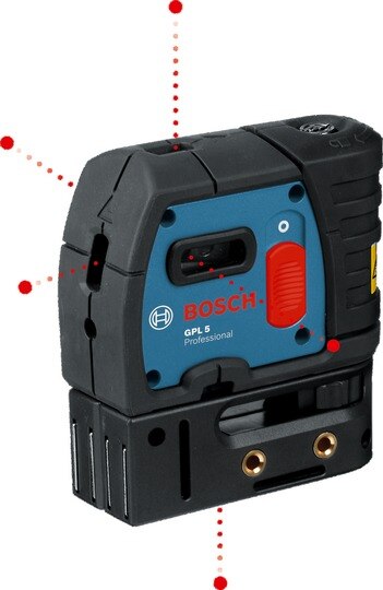 Very compact 5-point laser – for easy transfer of right angles1Self-levelling 5-point horizontal and plumb laser for indoor work2For precise transfer of right angles and reference points from the ground to the ceiling3Easy handling due to its very compact sizeLaser diode - 635 nm, < 1 mWOperating temperature -  -10 – 40 °CStorage temperature- -20 – 70 °CLaser class  - 2Working range - 30 mAccuracy  - ± 0.3 mm/mSelf-levelling range - ± 5° longitudinal axis, ± 3° traverse axisLevelling time - 4 sDust and splash protection - IP 5XBeam diameter	 - 5 mm on toolPower supply -	3 x 1.5 V LR6 (AA)Operating time (max.) - 24 hTripod thread - 1/4