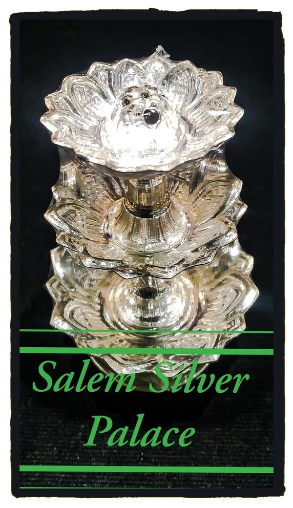 Three step silver Bathi Stand. Available from 20 gms. Single, double, triple steps Bathi Stand are also available. For wholesale and retail orders contact us. Weight range starts from 5gms of silver