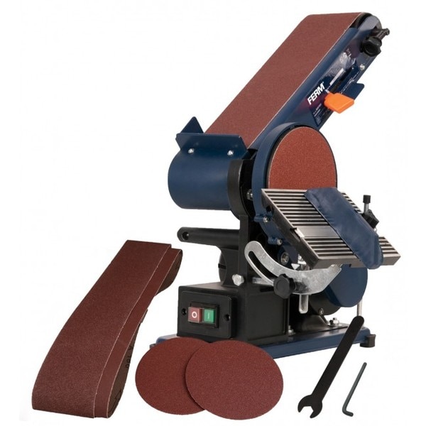 Bench Sander 375WThe BGM1003 Belt Sander is very versatile and, thanks to the adjustable sanding belt position, flexible to use.The sander is equipped with a 375Watt motor. Thanks to the adjustable, multifunctional workbench, you can work precisely and comfortably. This bench sander has a dust protected safety switch and the rubber feet ensure optimum stability for this stationary machine. This product is ideal for sanding large quantities of material. Among other things, the machine is suitable for heavier sanding jobs. For example, think about the following jobs: removing large quantities of paint, evening out bars or roughly sawn timber and modelling large surfaces. Features-  Adjustable sanding belt for flexible use-  150mm disc for sanding smaller surfaces-  Dust proof switch for extra long life span-  Angle guide and adjustable working table for precise working-  4 rubber feet for high stabilityGross weight - 12.8800Power input - 375WSanding belt size - 915 x 100mmNo load speed sanding disc  -1.450/minNo load speed sanding belt  - 275/minDiameter sanding disc  - 150mmMains voltage  - 230V~Frequency  - 50HzIncludes  - 2 Sanding belts (P80,P120) - Sanding discs (P80, P120) - Wrench - Mitre guide - Hexagon key