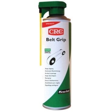 Product DescriptionCRC BELT GRIP:GENERAL DESCRIPTIONSlippage prevention for all types of belts.CRC Belt Grip is a synthetic polymer based formulation that meets the demands for an industrial and food processing plant belt dressing. It extends the life of belts and pulley bearings by improving traction and allowing runs under reduced belt tension.FEATURESPrevents slippage on flat, round and V-belts.Adheres strongly to any belt material.Gives extra pulling power, enhances transmission efficiency.Reduces squeaking noise caused by belt slipping. Forms a tacky, non-drying, water-resistant, chemically stable film. Compatible with all commonly usedtypes of belt materials (rubber, leather, fabrics, ...) Aerosols are equipped with a 360° (upside-down)spray valve and provided with an extension tube for added convenience. Pressurised with CO2 propellant, giving an active product content of 97%. Dry film meets FDA regulation CFR 21-178.3570for incidental food contact.APPLICATIONSEliminates slippage in flat, round or V-belts made out of rubber, leather, fabrics, plastic,... used in CompressorPumpGeneratorsFansMotorsAutomobilesLift trucksConveyorsIndustrial machineryDIRECTIONSTurn off equipment and stop belts before applying.Spray a light, even coating on pulling sides of belt (i.e. sides that come in contact with pulleys); let solvent evaporate before re-energising equipment.Re-apply occasionally to ensure continued high performance.Removal, if necessary, by CRC Fast Dry Degreaser or CRC Industrial Degreaser (test compatibility with rubber and plastic prior to use).A safety data sheet (MSDS) according EU directive 93/112 is available for all CRC products.CRC Belt Grip is a synthetic polymer based formulation specially developed to meet the demand for a true industrial and automotive food grade belt dressing. It adheres strongly to any commonly used belt material and forms a tacky, non drying, water resistant film that extends belt life by improving traction and reducing belt tension, slipping and dirt build-up. Belts remain pliable and will not glaze or harden while squeaking noise will be reduced.CRC Belt Grip is designed to be used on leather, rubber, canvas or fabric and is ideally suited for flat, round and V-belts. Not suited for use on multi-V-belts.Features & BenefitsTacky, non drying, water resistant film – Minimises drive belt slippage, resists water wash off, maintains belt flexibility and prevents loads from slipping on conveyor systemsImproves traction and reduces belt tension – Relieving stress on motors, shafts and wheels for improved operating efficiency and extended belt lifeColourless – Will not stain finished goods transported on conveyor systemsSuitable for most belts and belt material – Flat, round or V belts. Leather, rubber, canvas or fabricNot suitable for multi-V-beltsIndoor and outdoor use – Even in difficult hot and/or humid conditionsNo known ozone depleting chemicalsMPI Approved C12Includes Permastraw™ Dual-Action Spray System - One piece actuator with two-way spray that ensures that straw stays in placeUsesRecommended for use in industrial machinery, conveyor systems, portable motorised equipment and vehicle beltsCompressors, pumps, generators, fans, motors, automobiles, lift trucksDesigned to be used on leather, rubber, canvas or fabric and is ideally suited for flat, round and V-belts. Not suited for use on multi-V-belts.