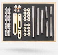 'TOOLFAST' CMM clamping kit is specially designed for 3D coordinate measuring machine and other inspection and gaging applications. The light weight construction of the plastic clamps and aluminium elements prevent damage to granite plates and delicate workpieces. M-8 threaded* elements with hand-tightening design allows the user to apply a limited hold down force most suitable for inspection clamping.All 62 pieces are suitably housed in an elegant wooden box. N.W. 1.8 kgs.
