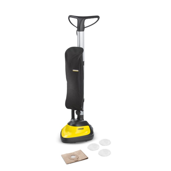 KARCHER FLOOR POLISHER FP 303The high speed of the FP 303 vacuum polisher ensures all-round impeccable polishing results on all hard floors, including parquet, laminate, cork, stone, linoleum and PVC.Well cared for floors are essential for a comfortable home. What used to be a complicated procedure, involving many manual stages, has now been made very straightforward thanks to modern equipment. The high speed of the FP 303 vacuum polisher ensures impeccable polishing results on all hard floors, including parquet, laminate, stone, cork, linoleum and PVC. Once the device has been unlocked using the pedal button, it can be conveniently switched on and off by pivoting the handle. With the vacuum function, the polishing dust is simply vacuumed up. Thanks to the optimised triangular shape of the polishing head, corners can also be easily reached. The flat polishing head even enables polishing under furniture. The ergonomic handle ensures convenient, effortless cleaning. The cord can be stored simply and neatly on the cord storage directly on the handle. The high-quality textile bag, also attached to the handle, contains the paper filter bag. The detachable polishing pads can be stored in a separate compact accessory compartment. The smooth castors allow the FP 303 to be transported effortlessly.APPLICATION AREAS	Waxed parquet	Varnished parquet	Oiled parquet	Laminate floors	Stone floors	Cork floors	Linoleum floors	PVC coveringsErgonomic handle - For convenient and effortless cleaning.Cable storage directly on the handle - Easy and tidy storage of the cable using both cord hooks.High-quality textile bag, includes separate accessory compartment - For space-saving storage of the polishing pads provided.Flat triangular polishing head	- For easy polishing in corners and under furniture.Swivelling handle	 - Device can be switched on and off without bending down.Transport wheels	 - With the smooth-running castors, the vacuum polisher can be transported without any great effort.Technical dataRotational speed (rpm) - 1000Rated input power (W) - 600Working width (mm) - 290Filter bag capacity (l) - 4Current type (V/Hz) - 220 / 240 / 50 / 60Weight (kg) - 6.6Dimensions (L × W × H) (mm) - 385 x 339 x 1162EquipmentPolishing pads, 3 piece(s)Filter bag, PaperCable storageTextile bag incl. accessory compartmentManufactuer's warranty - 6 months (T & C apply). We are authorized service centre for KARCHER HOME & GARDEN Tools, Tel : 022-23736027 For sales : + 918017265815, sale@fairtradecorp.in.