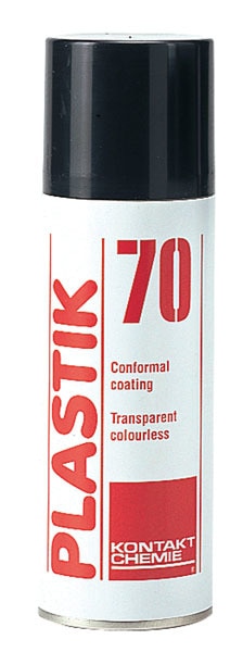 PLASTIK 70Anti - Corrosion ProductsThe universal conformal coating for printed circuit boards.A fast drying, transparent, acrylic coating, with good dielectric properties. It shields printed circuit boards or other parts from corrosive (atmospheric) influences. This film protects printed circuit boards from leakage currents and short circuits. Features:+ Provides a protective and insulating film against atmospheric influences such as moisture, oxidation, dust or corrosive vapours.+ Good adhesion on metal, plastic, wood, glass, ...+ The film is resistant to diluted acids, alkalines and atmospheric attack.+ Can be soldered through.+ Prevents sparking and corona effects.+ Remains transparent and flexible even after a long period.+ Temperature range: -40°C to +60°C.CRC AEROSOL, ELECTRICAL MAINTENANCE Spray, CRC 2-26, CRC CO CONTACT CLEANER, CRC LECTRA CLEAN, CRC N F Precision, ONLINE CONTACT CLEANER, CRC URETHANE ISOLATION RED, CRC PLASTIC 70, CRC BATTERY TERMINAL COATING, CRC 3-36, CRC 5-56, CRC GASKET REMOVER, CRC FAST DRY DEGREASER, GALVABRITE, CRC RUST REMOVER, CRC COPPER PASTE, CRC METAL FREE PASTE, CRC HAND CLEANER, CRC ANTI FRICTIONAL TEFLON COATING, CRC FREEZE 75, CRC SP-400, CRC SP - 350PLASTIK 70 was specially developed to protect printed circuit boards. It overcomes electricalleakages and short circuits.As a low viscosity fixing and insulating lacquer, PLASTIK 70 can also be used as extra/afterinsulation of coils and transformers and overcomes disturbing noises.PLASTIK 70 can also be used as a universal protective coating on any surface like metal,paper, ornaments, paintings, furniture, etc. 