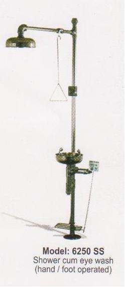 safety shower cum eye wash station- in SS, ISI marked, hand and foot operated.