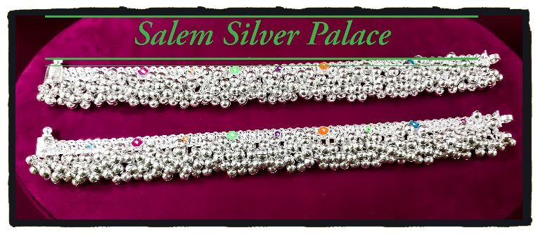 Vari Salangai golusu.(1 vari, 2 vari and kothu Salangai). Ancient hand made Anklets available at good quality of silver. Size starts with 5. 5 inches. Weight range starts from 100 gms. For wholesale and retail orders contact us www.salemsilverpalace.in