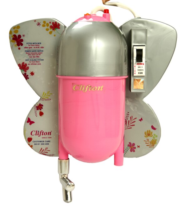 Clifton Butterfly Gold Model- Hot water within 4 second .64 liter hot water in 1 Unit electricity.Easy to install no plumbing require.Features of Butterfly Silver Model- 1. Power saver switch - Don't worry , if you forget to off your geyser, it will off automatic, there is even no danger of geyser bursting, and no more electricity consumption. 2.Anti- Scaling System - Protect your geyser from hard water,Especially in the element, slow down freezing process.3.MCB- MCB for extra safety which protects your geyser from the shot circuit.Our Instant Portable geysers are well- known in industrial circles for the high quality of the raw material which we use and for their efficiency, reliability, long, trouble-free service and cost effectiveness. These heaters have also been installed in several large hotels, restaurants and resorts and for domestic purpose also.