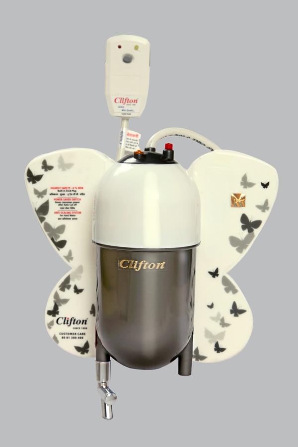 Clifton Butterfly Diamond Model- Hot water within 4 second .64 liter hot water in 1 Unit electricity.Easy to install no plumbing require.Features of Butterfly Diamond Model- 1. Power saver switch - Don't worry , if you forget to off your geyser, it will off automatic, there is even no danger of geyser bursting, and no more electricity consumption. 2. Anti- Scaling System - Protect your geyser from hard water,Especially in the element, slow down freezing process.3. ELCB (Earth Leakage Circuit Breaker) - In this model one of Unique feature ELCB which have 0% Risk and 100% safety from current.