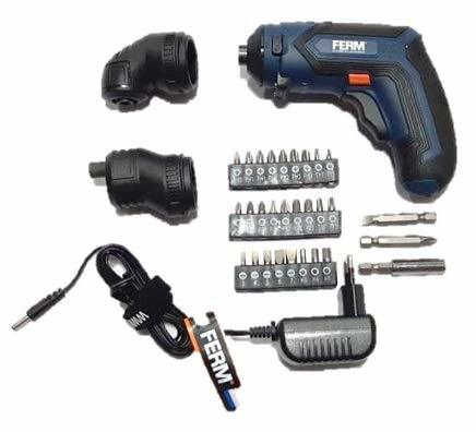 FERM CDM1135 LI-ION Screwdriver 4 V 1.5 AH for DIY Features•	FOR DIY - No load Speed – 200/min•	Angle Grinder head included•	Eccentric driver head included•	4V 1.5Ah Li-Ion.Double LED worklight•	LED Battery Charge indicationSPECIFICATION1) NOT FOR PROFESSIONAL USE 2) Magnetic Chuck ¼”3) Spindle lock4) No load Speed – 200/min5) Angle Grinder head included 6) Eccentric driver head included7) LED Battery Charge indication8) Compact Ergonomic design 9) Left / Right Rotation 10) Double LED worklight11)4V 1.5Ah Li-IonManufactuer's warranty - 6 months (T & C apply)We are authorised service centre for FERM  Power Tools, Tel :  022-23736027 For sales : + 918017265815, sale@fairtradecorp.in