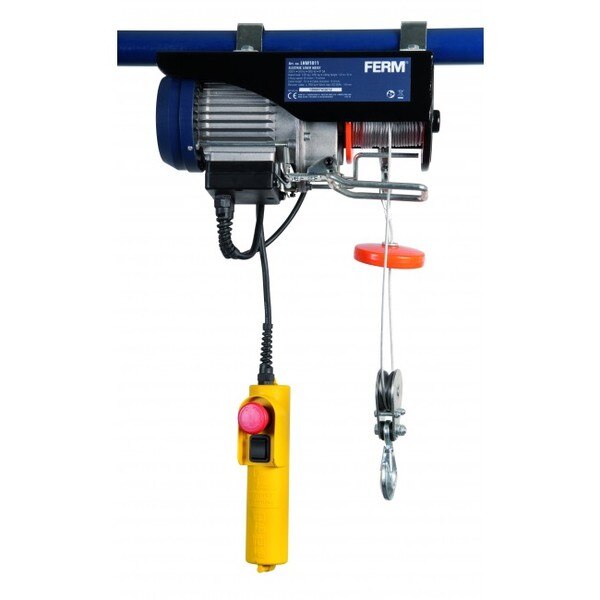 Features- Max. lifting capacity 250 kg, max. lifting height 12m- The non-rotating steel rope reduces twisting of the loads during lifting - Equipped with operator switch with emergency stop functionSPECIFICATIONGross weight - 10.7000Lifting load without pulley - 125 kgLifting load with pulley - 250 kgLifting height without pulley - 12 mLifting height with pulley - 6 mPower input - 500 WMains voltage - 230 VFrequency - 50 HzIncludes - 2 Mounting brackets - 2 Load hooksManufactuer's warranty - 6 months (T & C apply)We are authorised service centre for FERM Power Tools, Tel : 022-23736027 For sales : + 918017265815, sale@fairtradecorp.in