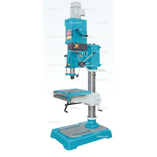 Our product range includes a wide range of column pillar drilling machine, fine feed pillar drill machine, automatic fine feed pillar drill machine, pillar drill machine, geared pillar drill machine and auto feed column drilling machine. Product Details: Minimum Order Quantity : 1 Unit Drill Head Motor : 1.5 HP Drilling Capacity in C.I : 38 mm Machine Measurement : 690 x 470 x 1778 mm Spindle Hole Taper : MT-4 Spindle Travel : 160 mm Spindle Speed : 80-2600 x 8 (rpm x step) Diameter of RAM : 72 mm Feed Type : Fine Feed Maximum Distance Spindle Nose to Table : 670 mm Spindle Center to Column : 260 mm Table Size : 355 x 355 mm Column Diameter : 108 mm Distance from Spindle Nose to Base : 1120 mm V belt : B-54 Tapping in MS : 20 mm Drilling Capacity in M.S : 35 mm Brand : Prakash Model : P35 We are successfully meeting the requirements of our clients by offering the best quality range of Geared Pillar Drill Machine. Standard Accessories: Motor Pulley Extra Accessories: Electrical Motor, Keyless Doll Chuck & Arbor V Belts Tapping Control Panel Board Drill Chuck & Arbor Tapping Attachment (Mechanical) Coolant Pump with Coolant TankProduct Details:Minimum Order Quantity : 1 UnitDrilling in M.S. : 40Spindle Autofeed Ranges : 0.05 & 0.09 (mm/rev.)Machine Measurement : 850 x 650 x 1850 mmDiameter of Column : 130 mmDrill Head Motor : 1.5 HP/960 RPMMaximum Distance from Spindle Nose to Base : 920 mmColumn Diameter : 130 mmSpindle Center to column : 345 mmTable Size : 450 x 455 mmModel No : P40AADrilling in CI : 45Tapping in MS : 25Rough Boring in MS : 75Spindle Hole Taper : MT-4Spindle Travel : 250 mmSpindle Speeds : 70-1225 x 9 (RPM x Step)Diameter of RAM : 78 mmBrand : PrakashAutomatic Grade : AutomaticMax Spindle Speed (rpm) : 1560We are offering Auto feed Column Drilling Machine to our clients. Oil Bath Gear Box:The all-new design of gearbox in a given model: R40AA, R40G, and P40AA are having 9 speed with all 9 gear made up of hardened NiCr steel up to HRC 50-55. Oil bath gearbox and hardened gear give very long life to the machine. Rotation and easy sliding of gears in very high reliability. Gears are internally six splined and shafts are extremely splined. All the gear in gear box are machined on imported WMW Germany make gear shaper. All the splines in the gear box are machined on imported PFAUTER Germany make spline milling machine. Autofeed Gear Box :Autofeed gear box used in Machine R40AA, R40BA & P40AA is having gear made up of NiCr steel having 2.5 module. All gears are also hardened. Two worm gears are made up of heavy duty 2.82 module teeth. All the shaft in the gear box are supported through the good quality bearing and not the bushes. Engaging of Autofeed through taper cone mechanism as in the lathe machines enables maximum loading capacity leaving behind other machine.