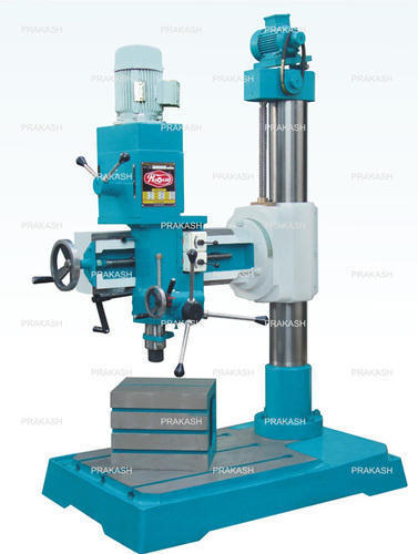 We are a leading Manufacturer of auto feed radial drilling machine, heavy duty geared radial drilling machine, geared radial drilling machine, double column radial drilling machine, geared drilling machine and fine feed radial drilling machine from Rajkot, India.Product Details:Minimum Order Quantit : 1 UnitLifting Motor : 0.5HP/ 1440 RPMTapping in M.S : 20 mmModel No : R40GDrilling in MS : 40 mmDrilling in CI : 45 mmSpindle Hole Taper : MT-4Spindle Travel : 250 mmSpindle Speeds : 70-1225 x 9 (RPM x Step)Diameter of RAM : 78 mmMax Min Distance Spindle Nose to Base : 850/250 mmMax Min Spindle center to Column : 950 / 385 mmMaximum Drilling Radius : 990 mmMachine Measurement : 1350 x 850 x 1825 mmDiameter of Column : 170 mmDrill Head Motor : 1.5 HP/960 RPMLifting Motor V belt : B-23/B-24Work Table Dimension : 300 x 300 x 385 mmAutomatic Grade : AutomaticBrand : PrakashWe are offering Fine Feed Radial Drilling Machine to our clientStandard Accessories:Electrical panel board & switchesElectrical motorsCoolant pump with spot assembly in model R40AAV belts Extra Accessories:Drill Chuck & ArborKeyless Drill Chuck & ArborWork TableTapping Attachment (Mechanical)Drill Vice Oil Bath Gear Box:The all-new design of gearbox in a gear box model: R40AA, R40G, and P40AA are having 9 speed with all 9 gear made up of hardened NiCr steel up to HRC 50-55. Gearbox and hardened gear give a very long life to the machine. Rotation and easy sliding of gears in bearing give very high reliability. Gears are internally six splined and shafts are extremely splined. All the gear in gear box are machined on imported WMW Germany make gear shaper. All the splines in the gear box are machined on imported PFAUTER Germany make spline milling machine.Autofeed Gear Box:Autofeed gear box used in Machine R40AA, R40BA & P40AA is having gear made up of NiCr steel having 2.5 module. All gears are also hardened. Two worm gears are made up of heavy duty 2.82 module teeth. All the shaft in the gear box is supported through a good quality bearing and not the bushes. Engaging of Autofeed through Taper Cone Mechanism as in the lathe machines enables maximum loading capacity leaving behind another machine.