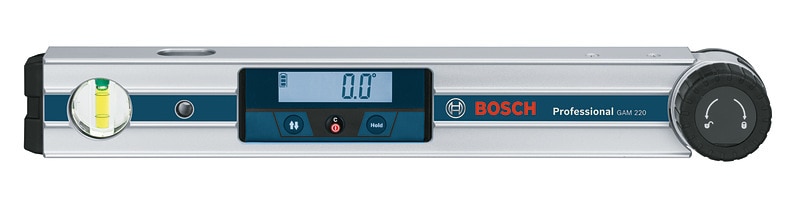 BOSCH GAM 220 Digital Angle MeasurerTechnical dataMeasurement range - 0 – 220°Measurement accuracy, angles - ± 0.1°Measurement accuracy, vials  - ± 0.05°Accuracy of angle calculation - ± 0.1°Power supply  - 4 x 1.5 V LR6 (AA)Battery power, approx.-  80 hAutomatic deactivation, approx.	 -30 minsArm length - 40 cmWeight, approx.	 - 1,3 kgPositioning	Precise and easy angle measurementUser benefit	Fast and precise calculation of angles	Angles can be transferred precisely onto workpieces by means of a mechanical locking screwOther features	Optimum readability due to rotating, illuminated display	Hold function for holding and transferring the measuring result at the press of a button	Robust and compact design with IP54 protection	No calibration requiredManufactuer's warranty - 6 months (T & C apply) . We are authorised service centre for BOSCH Power Tools. Tel : 022-23736027 For sales : + 918017265815, sale@fairtradecorp.in
