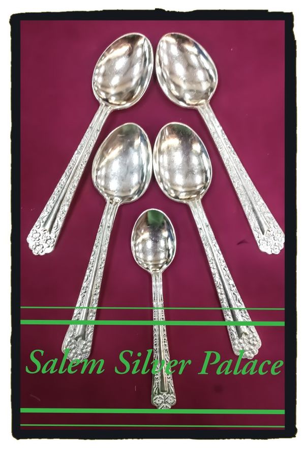 Silver spoons. Available in good quality of silver. 80 hallmark 83.5 hallmark and 92.5 hallmark standards are also available. Weight range starts from 10gms. For wholesale and retail orders contact us www.salemsilverpalace.in 9894353579 silver wholesale. Salem. Taminadu.
