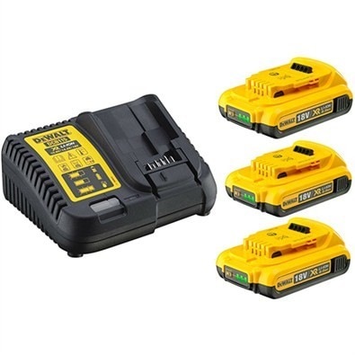 •	The charger can be used for 10.8v, 14.4v, and 18V XR li-ion sliding batteries from DEWALT.•	The charger charges 2.0AH ah battery in 30 minutes.•	Diagnostic system with LED indicator indicates the charging status: charged, charging in process power supply problem and battery too hot or too cold.•	No memory effect and no self-discharge.SPECIFICATIONVoltage	                                 - 18VBattery                                   - 3 x 2.0Ah Li-ion XR BatteryCharger	                         - DCB 115 System-quick ChargerProduct Dimension	         - 25.7x7.5x22.5mmWeight	                                  - 0.81KgWe are authorised service centre for Dewalt Power Tools. Tel : 022-23736027 For sales : + 918017265815, sale@fairtradecorp