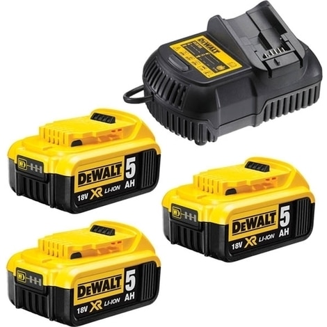 •	THE CHARGER CAN BE USED FOR 10.8V, 14.4V, AND 18V XR LI-ION SLIDING BATTERIES FROM DEWALT.•	DIAGNOSTIC SYSTEM WITH LED INDICATOR INDICATES THE CHARGING STATUS: CHARGED, CHARGING IN PROCESS POWER SUPPLY PROBLEM AND BATTERY TOO HOT OR TOO COLD.•	NO MEMORY EFFECT AND NO SELF-DISCHARGE.SPECIFICATIONVOLTAGE	                       - 18VBATTERY                                    - 3 X 5.0AH LI-ION XR BATTERYCHARGER	                       - DCB 115 SYSTEM-QUICK CHARGERPRODUCT DIMENSION	         - 130 X 135 X 200MMWEIGHT	                        - 2.3KGWE ARE AUTHORISED SERVICE CENTRE FOR DEWALT POWER TOOLS. TEL : 022-23736027 FOR SALES : + 918017265815, sale@fairtradecorp.in