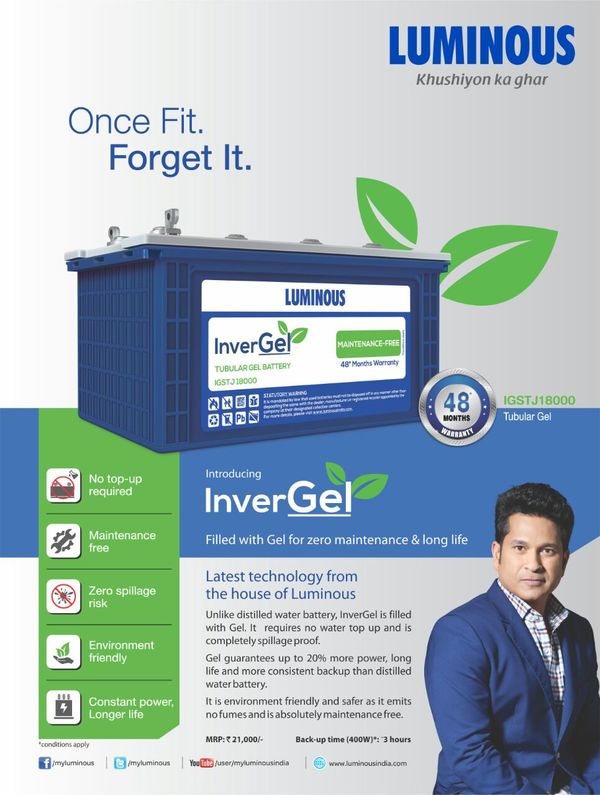 Luminous make 150 Ah GEL Battery.Completely Sealed maintenance free battery, No top Up required, Zero spillage risk, Environmental Friendly , No fumes