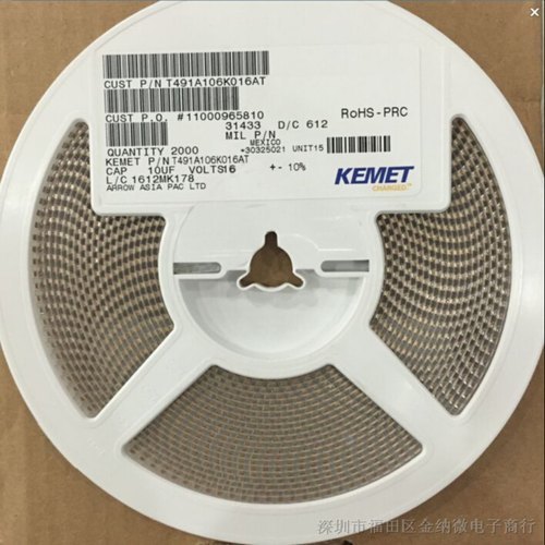 KEMET Tantalum CapacitorsOther Details:KEMET Tantalum CapacitorChip Tantalum CapacitorsSolid Tantalum Chip CapacitorTantalum SMD Capacitors10uF 10V Tantalum CapacitorsStandard Chip Tantalum Surface Mount CapacitorPrecision Molded ChipApplications: Typical applications include decoupling and filtering in industrial and automotive end applications such as DC / DC converters, portable electronics, telecommunications, and control unitsFeatures:Meets or Exceeds EIA Standard 535BAACTaped and Reeled per EIA 481-1Symmetrical, Compliant TerminationsOptional Gold-plated TerminationsLaser-marked Case100% Surge current test on C , D , E , U , V , X sizesHalogen Free EpoxyExtended Range ValuesLow Profile Case SizesRoHS Compliance & Lead Free Terminations